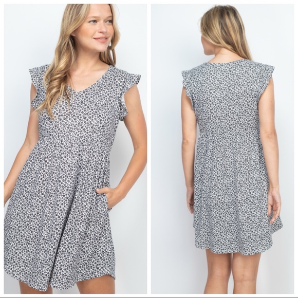 ❤️LAST L NEW SOFT BlackWhite Floral Ruffle Sleeve Dress - Picture 2 of 10